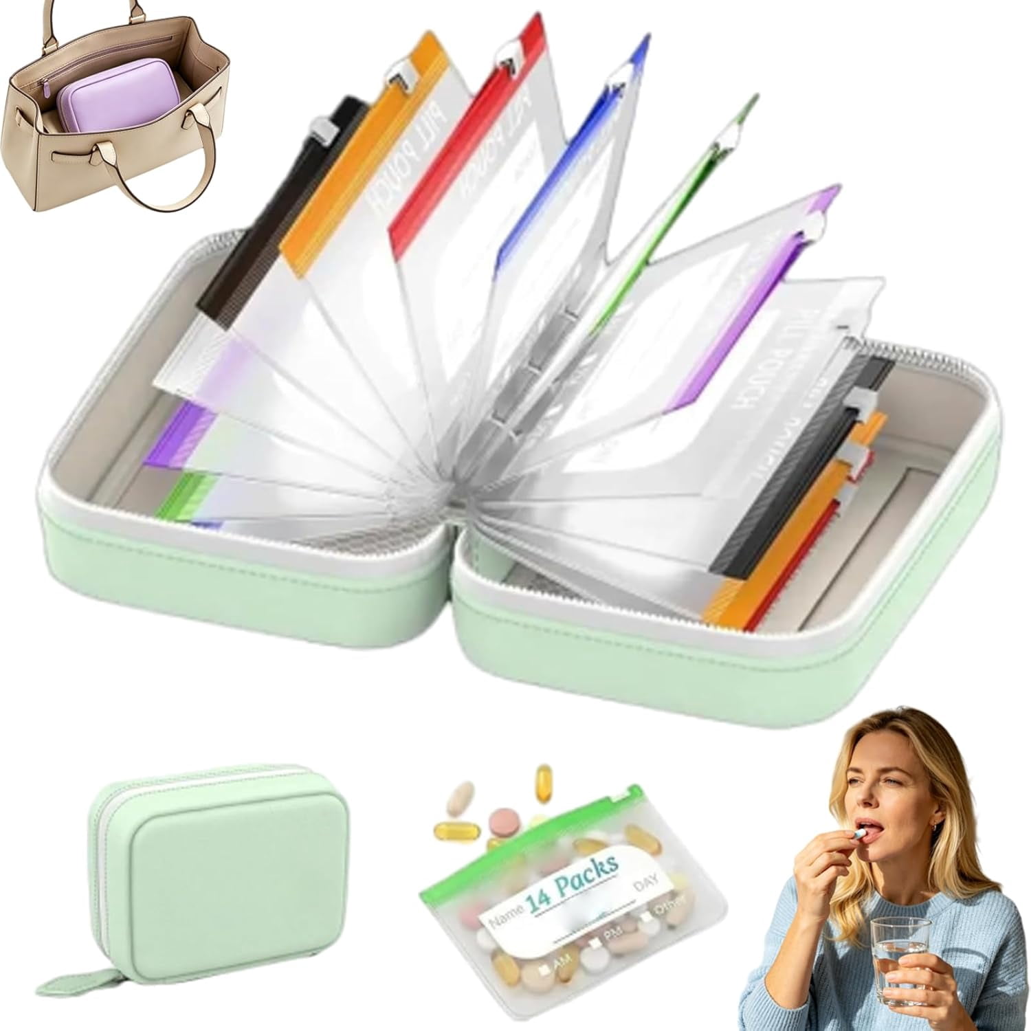 JEBTBFZE Waterproof Pill Organizer Set, Pill Pouches for Travel, with 14 Color-Pill Pouches, 7–14 Day Travel Pill Organizer, Portable Reusable Binder Design Zippered Pill Storage  (Green)
