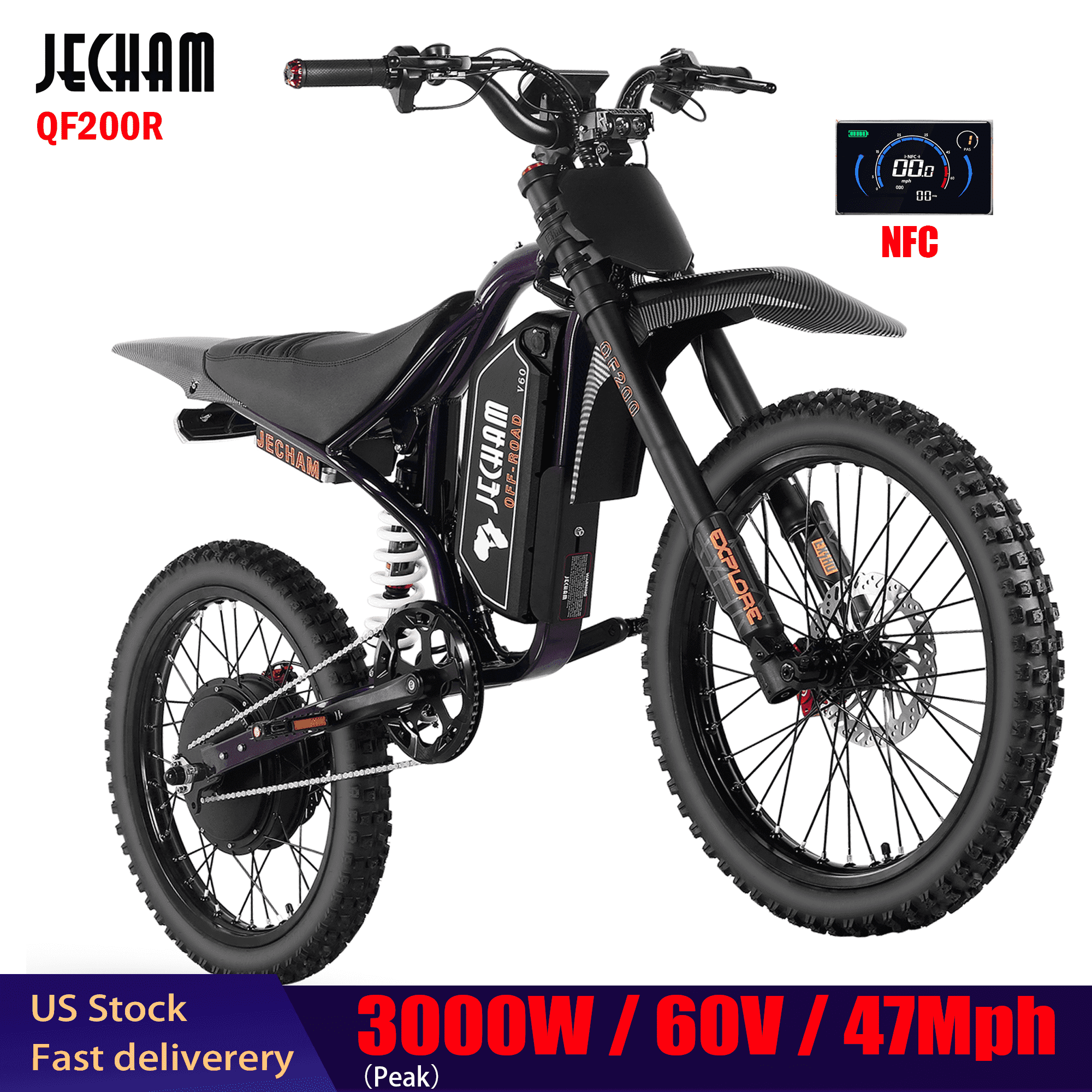 JECHAM QF200pro Electric Dirt Bike for Adult-3000W peak Motor,60V 32Ah removable battery.19x3.0 off-road tires,NFC Anti-Theft.Full Suspension Hydraulic Disc Brakes UL2849