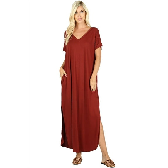 JED FASHION Women's V-Neck Short Sleeve Maxi Dress w/ Slits