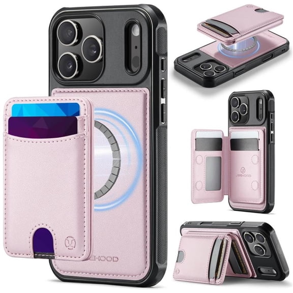 JEEHOOD Case For Apple iPhone 17 Pro Max, RFID Blocking, PU Leather,Compatible With MagSafe Detachable 2 In 1 Wallet With Built-in Push Card Holder,Kickstand Magnetic Protective Cover,Pink