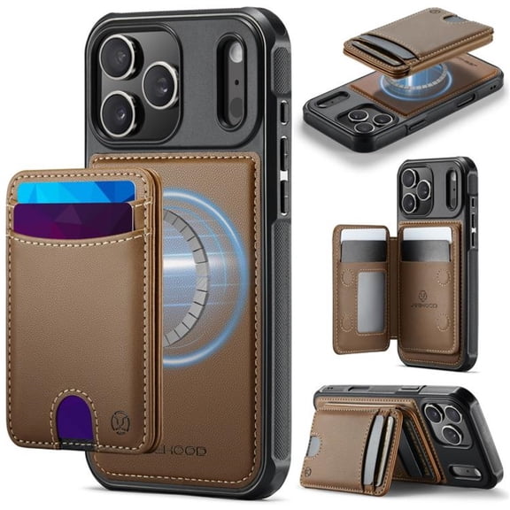 JEEHOOD Case For Apple iPhone 17 Pro Max, RFID Blocking, PU Leather,Compatible With MagSafe Detachable 2 In 1 Wallet With Built-in Push Card Holder,Kickstand Magnetic Protective Cover,Brown
