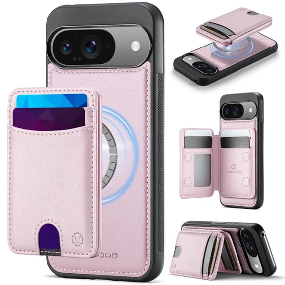 JEEHOOD Case For Google Pixel 9 / Pixel 9 Pro, RFID Blocking, PU Leather,Compatible With MagSafe Detachable 2 In 1 Wallet With Built-in Push Card Holder,Kickstand Magnetic Protective Cover,Pink