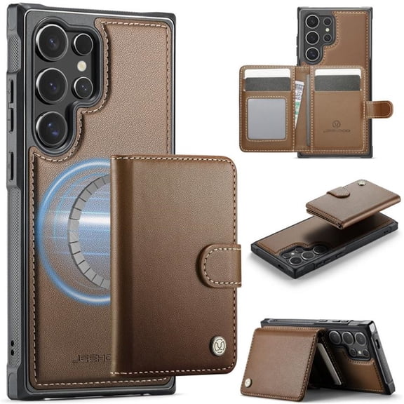 JEEHOOD Case For Samsung Galaxy S26 Ultra 5G, RFID Blocking Compatible With MagSafe Detachable 2 In 1 Wallet With Snap fastening Card Holder,PU Leather Case,Kickstand Magnetic Protective Cover,Brown