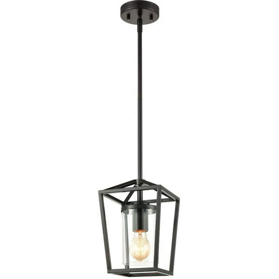 JEENKAE Industrial Black Pendant Lighting for Kitchen Island Vintage Cage Rod-Hanging Light with Clear Glass Cylinder Shade