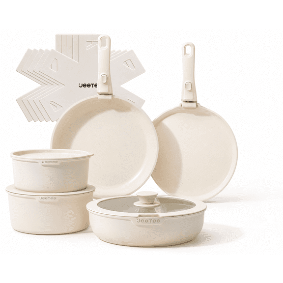 JEETEE Ceramic Cookware Set with Removable Handle, Stackable Nonstick Pots and Pans Set for Small Kitchens, RV and Camping, Cream White