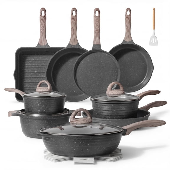 JEETEE 23-Piece Nonstick Cookware Set – Gray Granite Coating, Induction-Ready Frying Pans, Saucepans, Sauté, Griddle & Crepe Pan