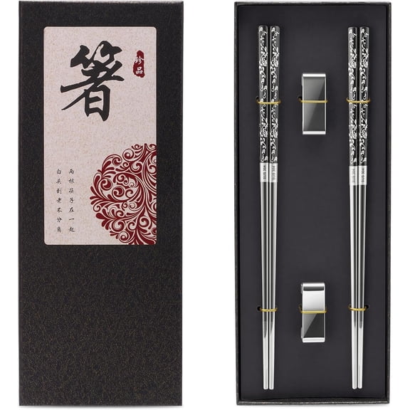 JEETEE Titanium Coated Chopsticks Set of 2 Pairs, Non-Slip Stainless Steel Chopsticks Metal with Holder for Sushi and Ramen, Dishwasher Safe Chop Sticks Reusable