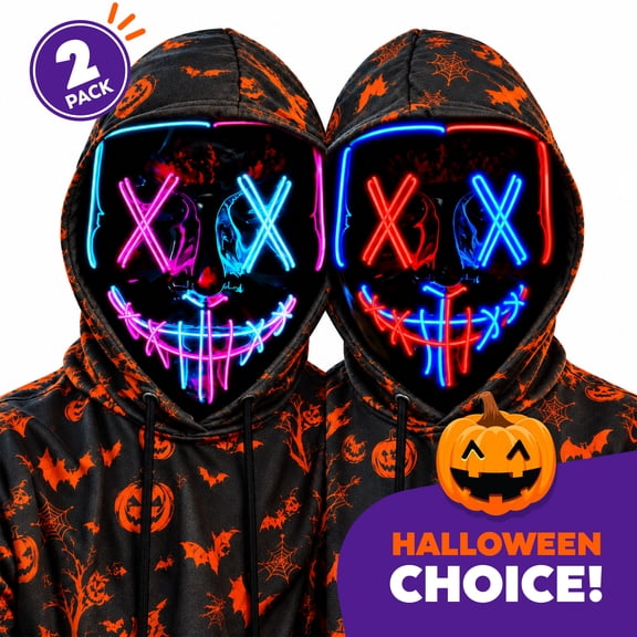 JEEXI Light Up Halloween LED Mask - 2 Pack, EL Wire Neon Face Mask with 3 Lighting Modes, One-Button Control, Lightweight PVC Costume Mask for Parties, Festivals and Cosplay, Assorted Multicolor