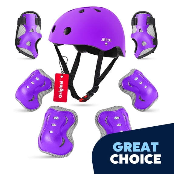 JEEXI 7 Pack Kids Protective Gear with Helmet, Knee & Elbow Pads, Wrist Guards for Skateboard, Roller Skates, Bike, Scooter (Purple)