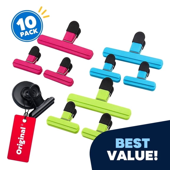 JEEXI Assorted Chip Bag Clips + 1 Magnetic Clip - Large / Medium Size, Vary Sizes Fresh Food Bag Clips Plastic Heavy Seal Grip Photo File Clamps, Durable Plastic, Multi Color Bag Clips (10 Pack)