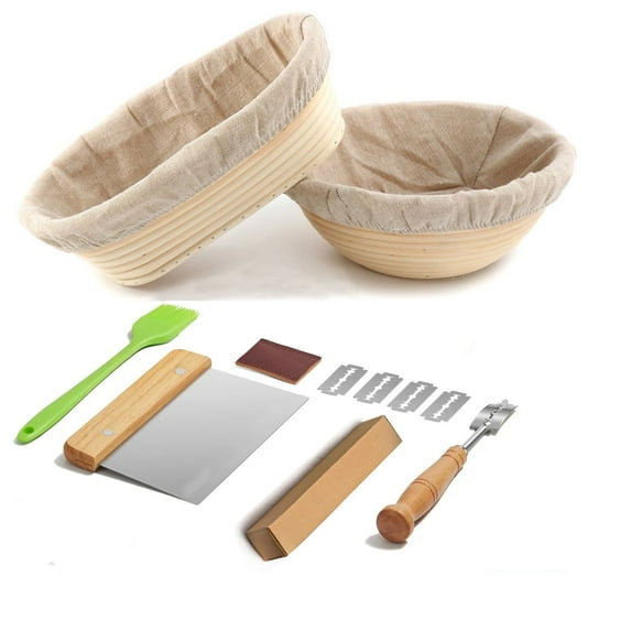 JEEXI Complete Sourdough Bread Baking Kit – Banneton Proofing Baskets with Linen Liners, Bread Lame with 5 Blades & Leather Cover, Dough Scraper, Silicone Brush – Premium Starter Set