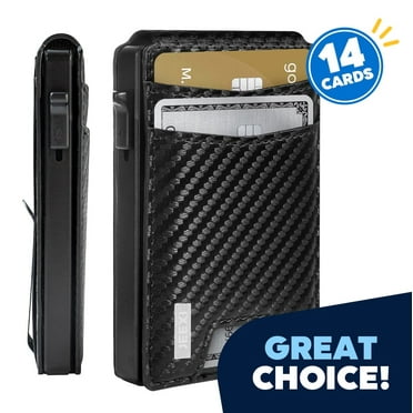 JEEXI Carbon Fiber Slim Wallet for Men - RFID Blocking Minimalist Bifold with Money Clip & Card Ejector | Holds 12 Cards, Cash | Front Pocket Leather Wallet, Secure Credit Card Holder for Travel