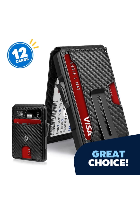 Carbon Fiber Slim Wallet for Men - RFID Blocking Minimalist Bifold with Money Clip & Card Ejector | Holds 12 Cards, Cash | Front Pocket Leather Wallet, Secure Credit Card Holder for Travel