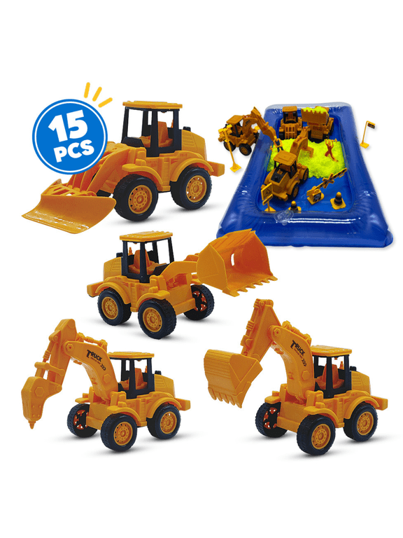 Construction Playset with Magical Fluffy Sand - 15pcs Set, Engineering Toddler Truck Toys for 3 4 5 6 Years Old Boys, Pull Back Tractors Vehicle Cars for Christmas Birthday Gifts