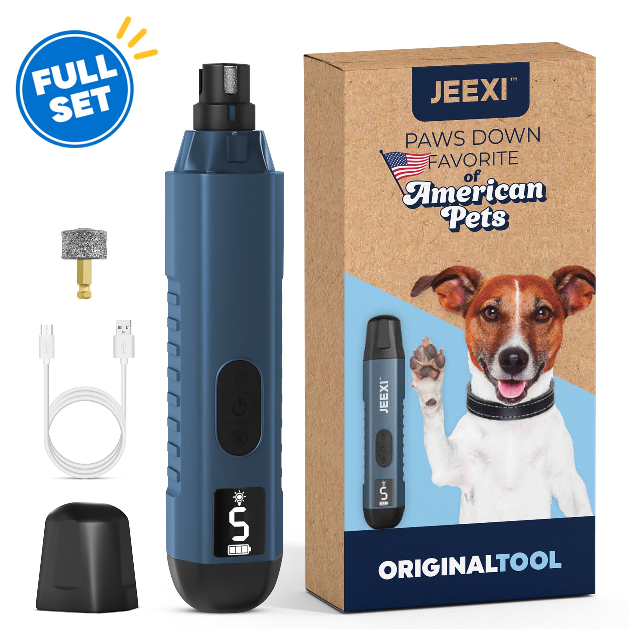 JEEXI Dog Nail Grinder 5-Speed Professional Pet Nail Trimmer with Dual LED Lights, Diamond Drum Bit, Super Quiet & Low Vibration, 3 Grinding Ports for Small, Medium & Large Dogs, USB-C Rechargeable