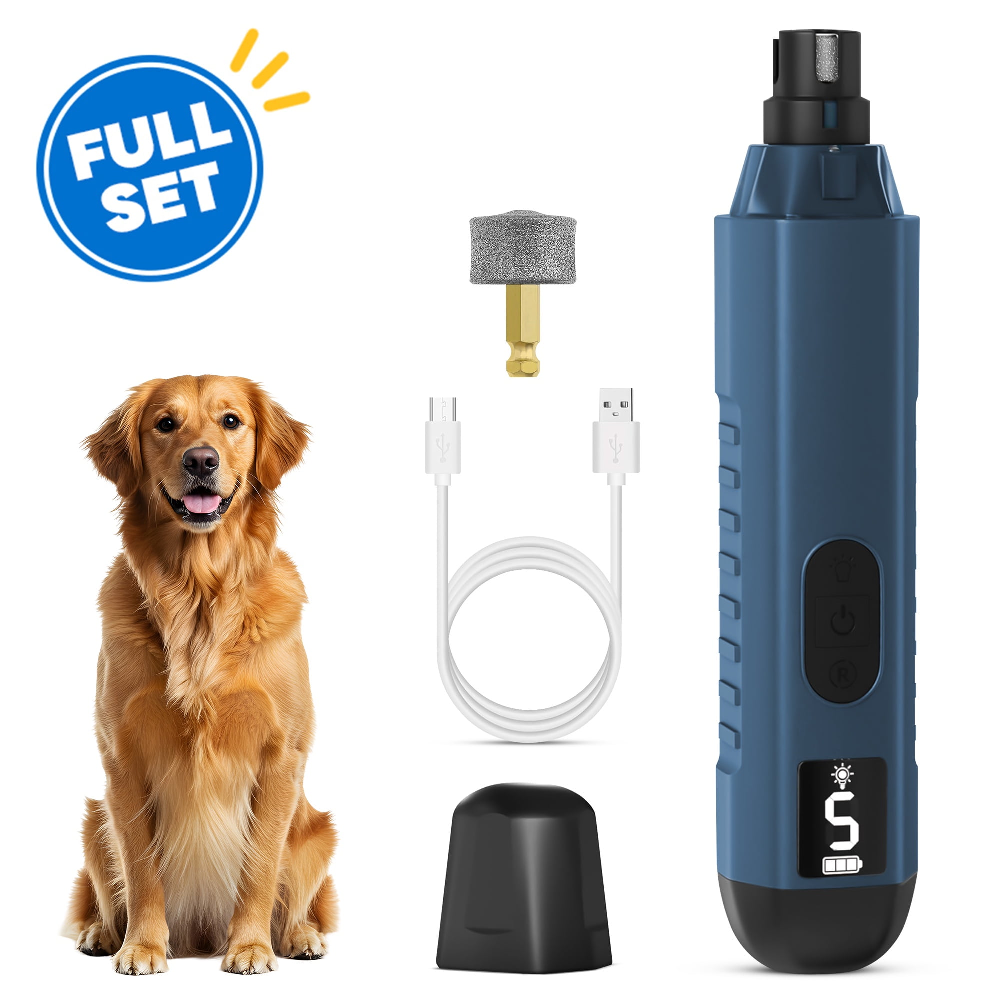 JEEXI Dog Nail Grinder 5-Speed Professional Pet Nail Trimmer with Dual LED Lights, Diamond Drum Bit, Super Quiet & Low Vibration, 3 Grinding Ports for Small, Medium & Large Dogs, USB-C Rechargeable