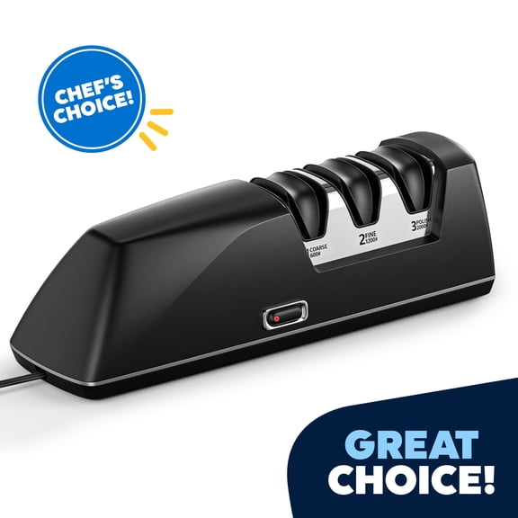 JEEXI Electric Knife Sharpener, 3-Stage Diamond Sharpening System with Coarse, Fine and Polish Slots, 3000 RPM Professional Kitchen Knife Sharpener with Anti-Slip Base, Black