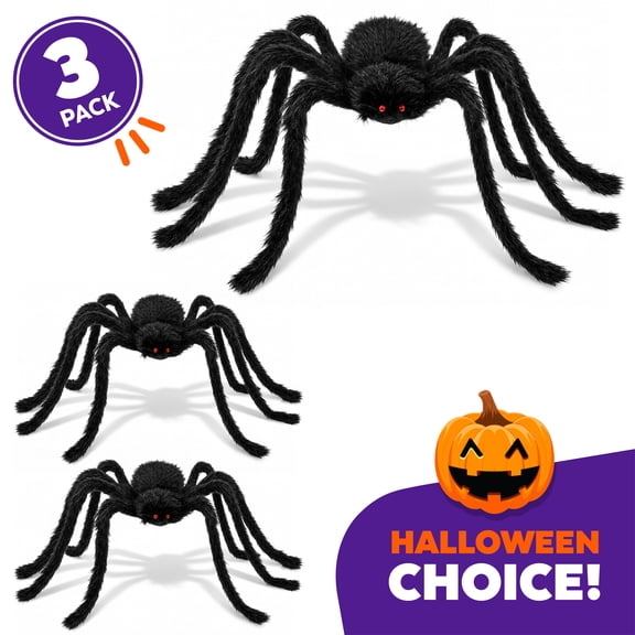 JEEXI Giant Spider Halloween Decorations, 3 Pack Large Hairy Fake Spiders with Bendable Legs and Red Eyes, 1 PCS 59 Inch and 2 PCS 35.4 Inch for Indoor Outdoor Yard Porch Party Decor