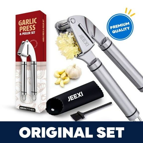 JEEXI Garlic Press Set, Stainless Steel Mincer [Premium], Crusher & Peeler & Brush Set - Professional Grade, Easy Clean, Dishwasher Safe & Rust-proof