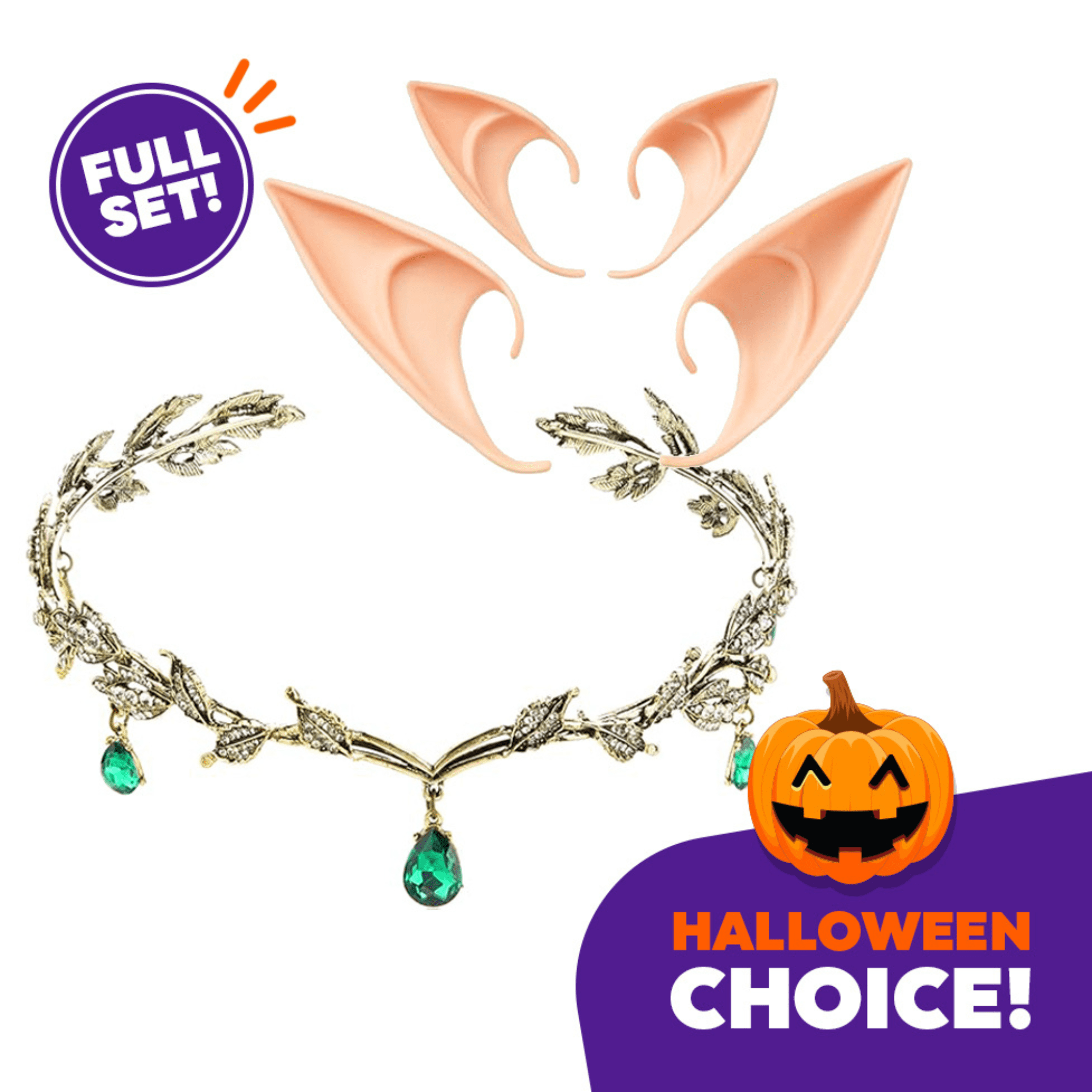 JEEXI Fairy Pixie Elf Ears and Leaf Crown Set – Silicone Cosplay Elf Ears with Fantasy Leaf Tiara for Halloween Costume, Fairy Cosplay, Renaissance Festival