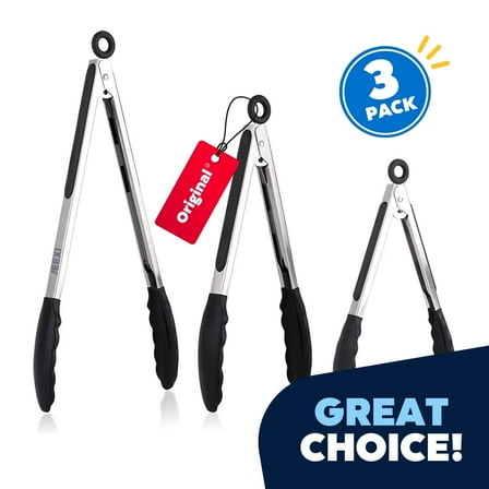JEEXI Non-Stick Black Kitchen Tongs for Cooking with Silicone Tips Stainless Steel Tongs 450℉ Locking Set 3, Cooking Serving Grilling Barbecuing Salads Kitchen Clips Easy to Use