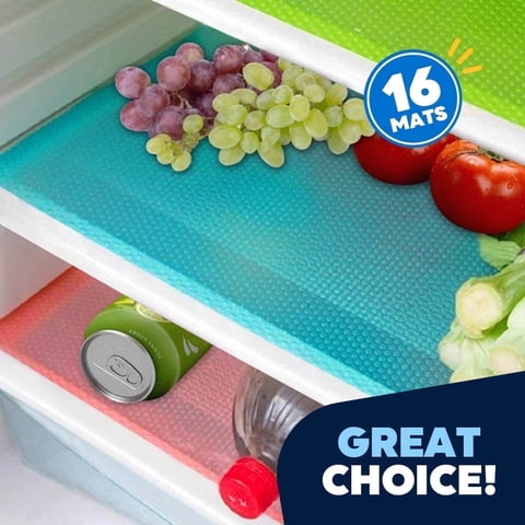 JEEXI Oilproof & Washable Fridge Liners for Refrigerator  BPA-Free, Non-Slip Shelf Mats, Water-Resistant & Easy-to-Cut for Cabinets & Drawers (16 Pack)