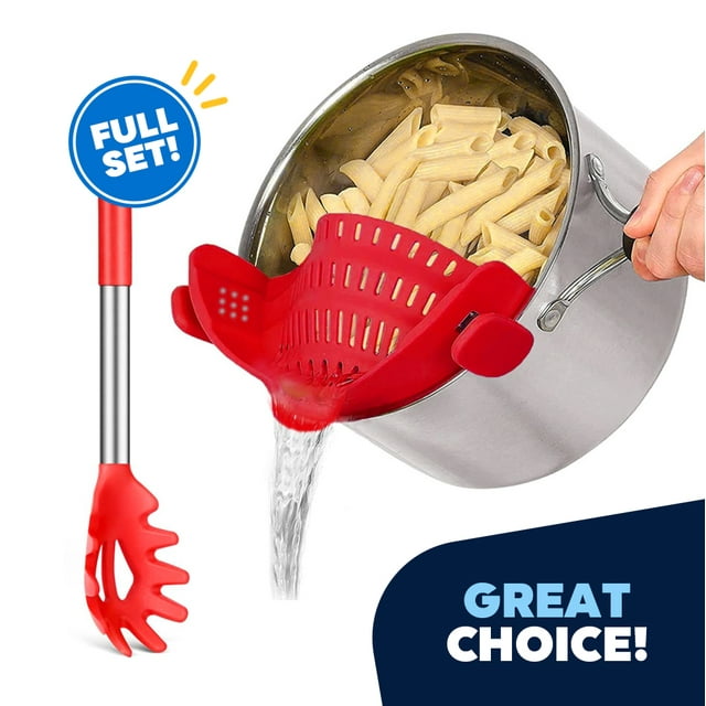 JEEXI Silicone ClipOn Pasta and Pot Strainer with Snap Handle Red