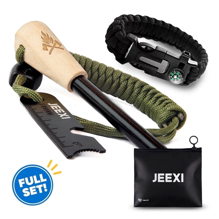 JEEXI Magnesium Ferro Rod Fire Starter, 6-in-1 Tool, Camping and