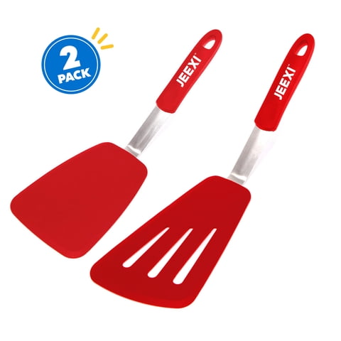 JEEXI RED Silicone Spatula Set, 2 Flexible Turners for Non-Stick Cookware, Heat Resistant Kitchen Spatulas Pack, Cooking, Frying and Flipping Utensils Non Scratch or Melting Flippers
