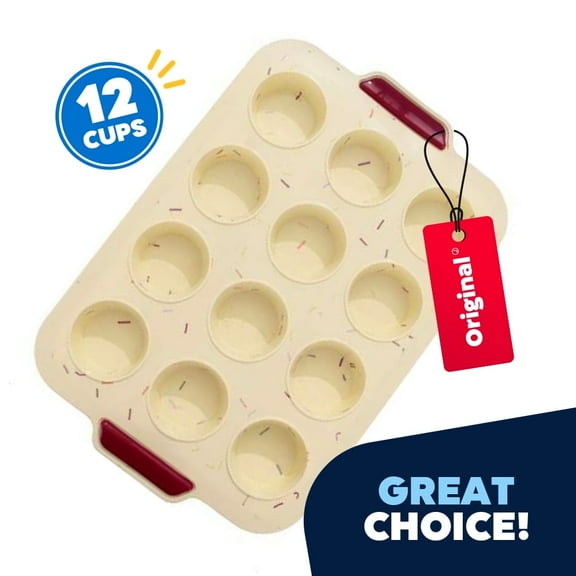 JEEXI Silicone Mini Muffin Pan, 12-Cup Cake Non-Stick BPA-Free, Muffins Tray, Silicone Baking Pan Mold for Small Cupcakes Muffins Brownies Pudding Cakes, Beige
