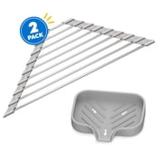 JEEXI Space-Saving Triangle Roll-Up Dish Drying Rack & Modern Kitchen Sponge Holder - Multipurpose Soap Dish Set & Silicone-Coated Steel Sink Organizer, Heat-Resistant, Rustproof - Ideal for Home & RV