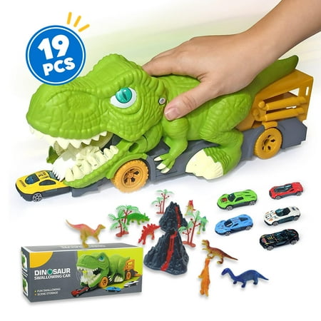 JEEXI Swallowing Cars Dinosaur Truck - 19 PCS Set, Carrier Toys for 3 4 5 6 7 Year Old Boys, Toy Cars for Boys Age 4-7, Monster Trucks for Boys, Dinosaur Toys for Kids 3-5