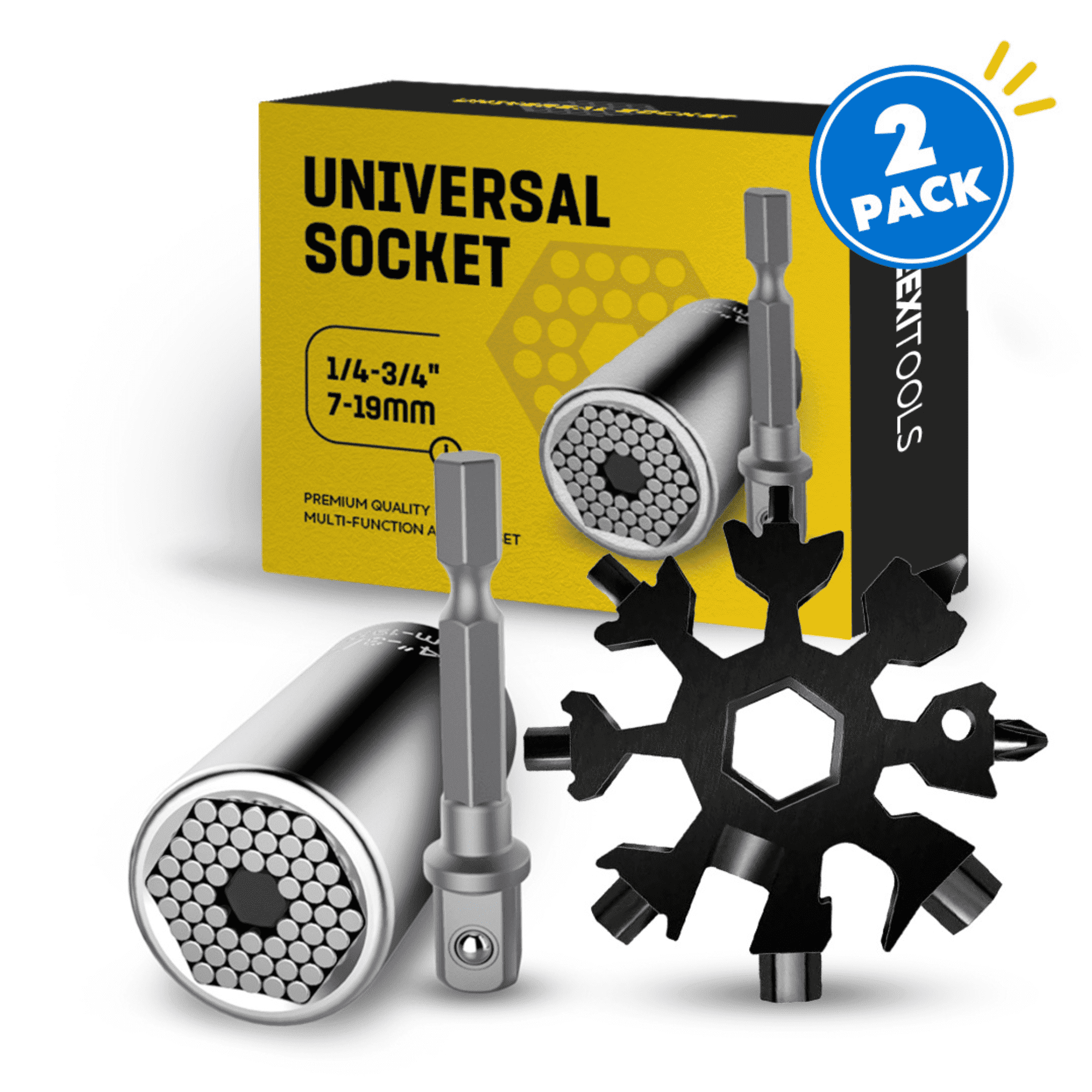JEEXI Universal Socket + Snowflake Multitool Gifts for Men Dad - 2 Pack, Socket Set with Power Drill Adapter Cool Stuff, Super Universal Socket Grip Gadgets for Men, Tool for Men Women Husband