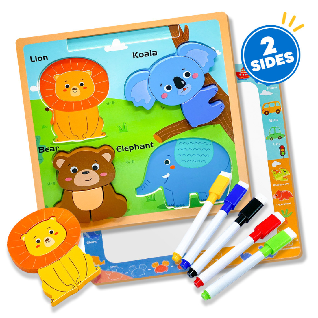 JEEXI Wooden Animal Puzzles for Toddlers 1 2 3 Years Old + Erase Board, Boys & Girls Educational Toys Gift with 4 Animal Patterns, Bright Vibrant Color Shapes, Gift Ready