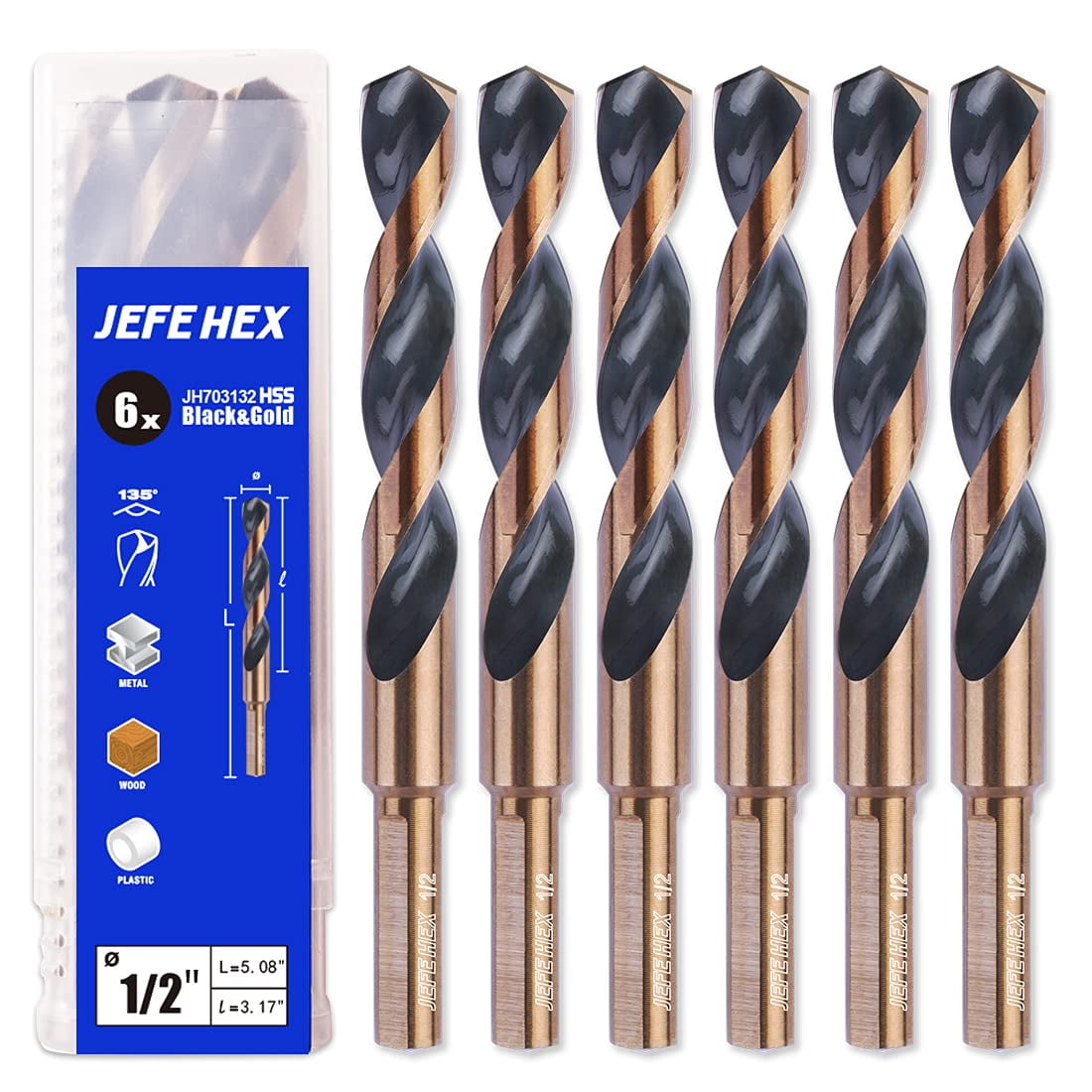 JEFE HEX 1/2" Dia. 5" OAL , 3-Flat Shank HSS Twist Drill Bit, Black and Gold Finish, 135 Degree Split Point (6-Piece)