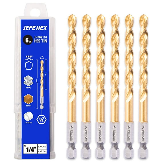 JEFE HEX 1/4" HSS Twist Titanium Drill Bits, Hex Shank for Quick Change (Pack of 6)