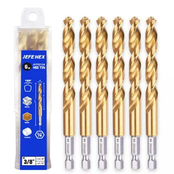 JEFE HEX 3/8" Inch Hex Shank with Titanium Coating Twist Drill Bits(Pack of 6)