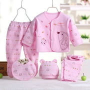 JEFFENLY 5PCS Newborn Baby Boys Girls Layette Set Cotton Sleepwear Tops Hat Pants Bib Suit Outfit Clothes Sets for 0-3M,Pink