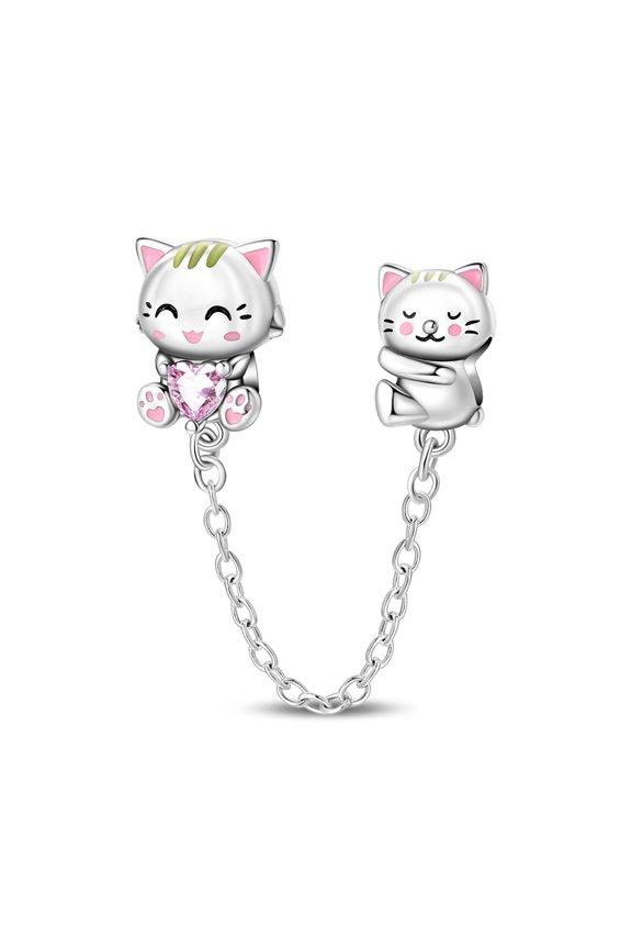 European 925 Sterling Silver Heart Charm Cute Animals fit Bracelet for Women Jewelry,Cat Couple Safety Chain,Pet,Cat Couple Safety Chain,Pet