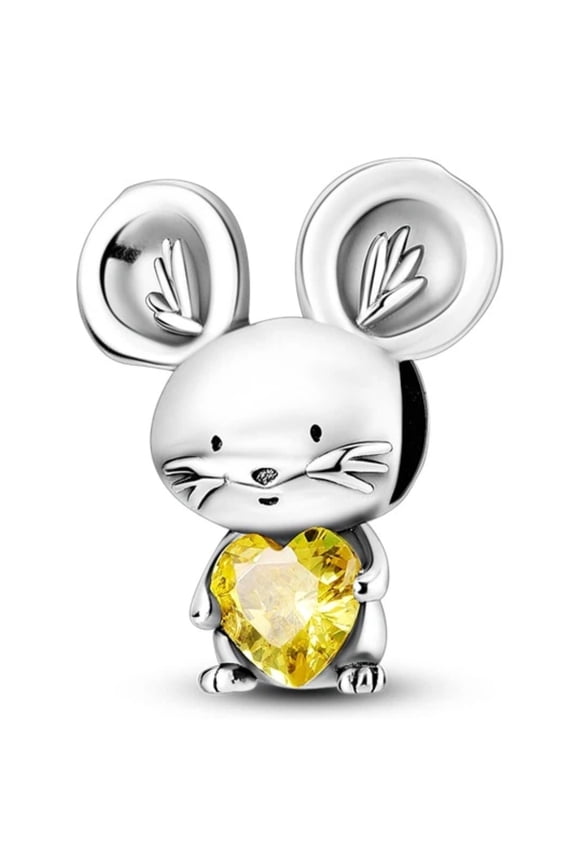 European 925 Sterling Silver Heart Charm Cute Animals fit Bracelet for Women Jewelry,Yellow zircon heart big-eared mouse,Mouse,Mouse