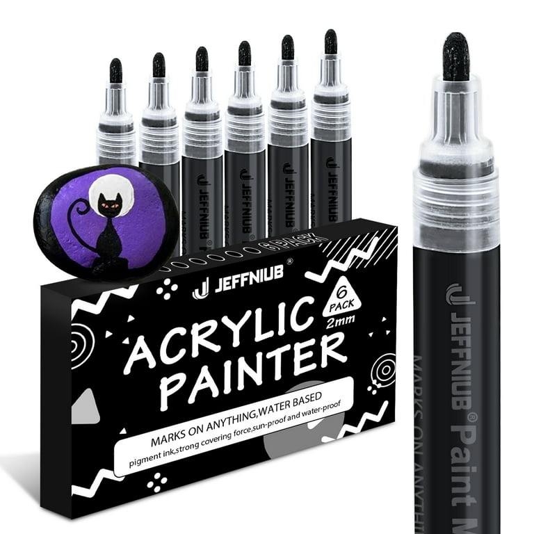 JEFFNIUB Acrylic Black Paint Pens for Rock Painting, Permanent watertight,  for Wood, Glass, Ceramic, Leather, Fabric, Metal, Black Acrylic Paint