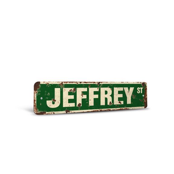 JEFFREY Vintage Style Rustic Street Sign – Childrens Name Room Sign Retro Decorative Wall Sign for Home, Bar, Garage, or Outdoor Use | 4" X 18" Plastic Road Sign