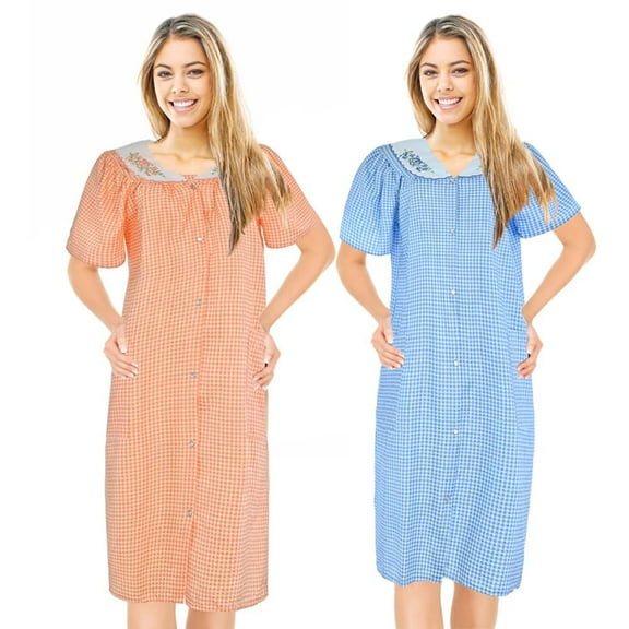 JEFFRICO 2 Pack House Dresses for Women with Pockets - Lightweight Breathable Short Sleeve Muumuu & Nightgowns - Snap Front Housecoat and Dusters for Women
