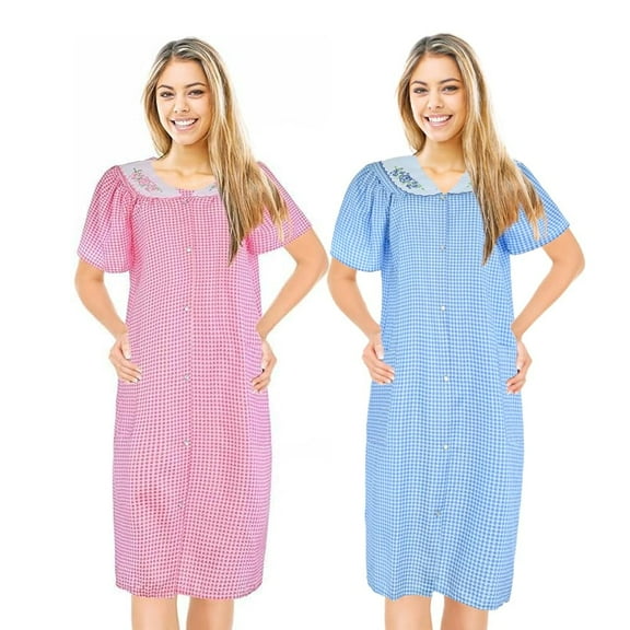 JEFFRICO 2 Pack House Dresses for Women with Pockets - Lightweight Breathable Short Sleeve Muumuu & Nightgowns - Snap Front Housecoat and Dusters for Women
