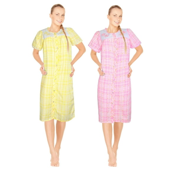 JEFFRICO 2 Pack House Dresses for Women with Pockets - Lightweight Breathable Short Sleeve Muumuu & Nightgowns - Snap Front Housecoat and Dusters for Women
