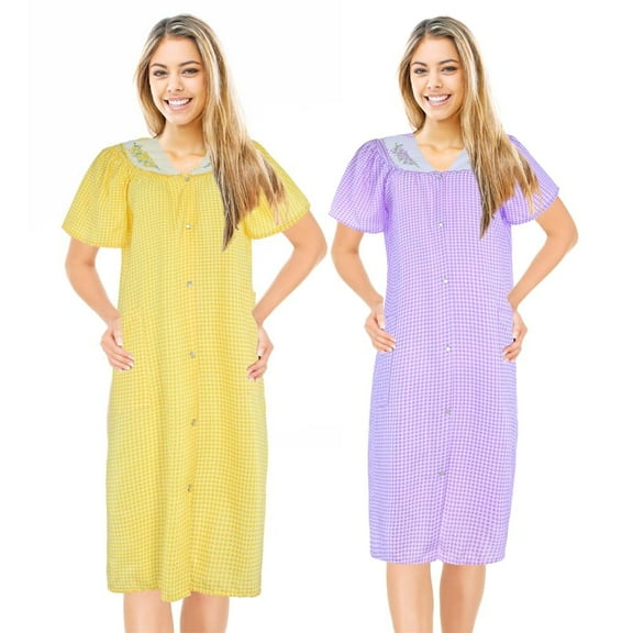 JEFFRICO 2 Pack House Dresses for Women with Pockets - Lightweight Breathable Short Sleeve Muumuu & Nightgowns - Snap Front Housecoat and Dusters for Women