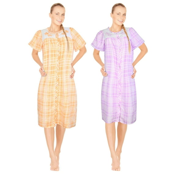 JEFFRICO 2 Pack House Dresses for Women with Pockets - Lightweight Breathable Short Sleeve Muumuu & Nightgowns - Snap Front Housecoat and Dusters for Women