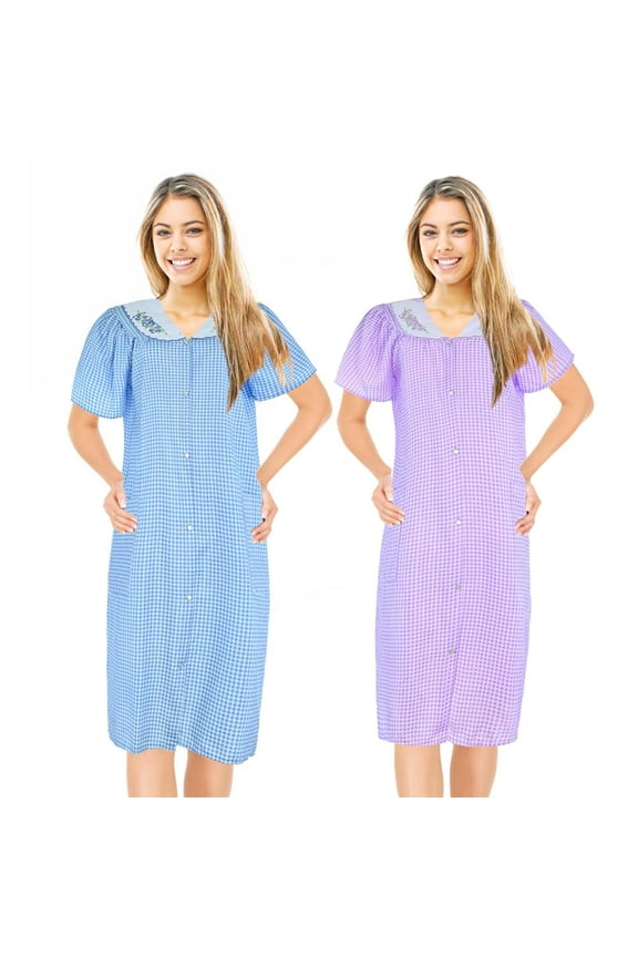 2 Pack House Dresses for Women with Pockets - Lightweight Breathable Short Sleeve Muumuu & Nightgowns - Snap Front Housecoat and Dusters for Women