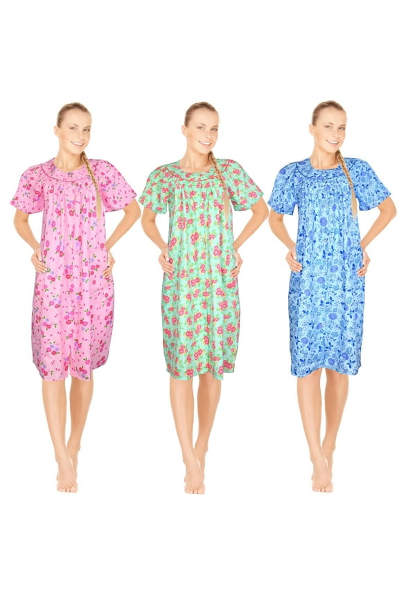 3 Pack House Dresses for Women with Pockets - Lightweight Breathable Short Sleeve Muumuu & Nightgowns - Snap Front Housecoat and Dusters for Women