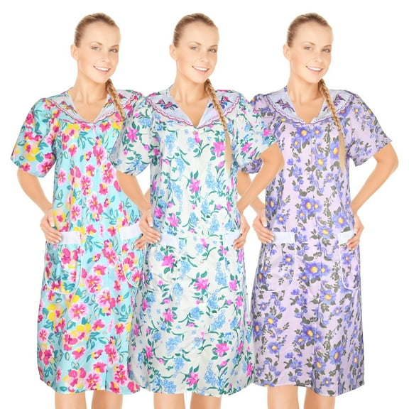 JEFFRICO 3 Pack House Dresses for Women with Pockets - Lightweight Breathable Short Sleeve Muumuu & Nightgowns - Snap Front Housecoat and Dusters for Women